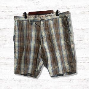 Tommy Bahama Shorts 38 Mens Plaid Linen Blend Chino Flat Front Pockets Blue Tan